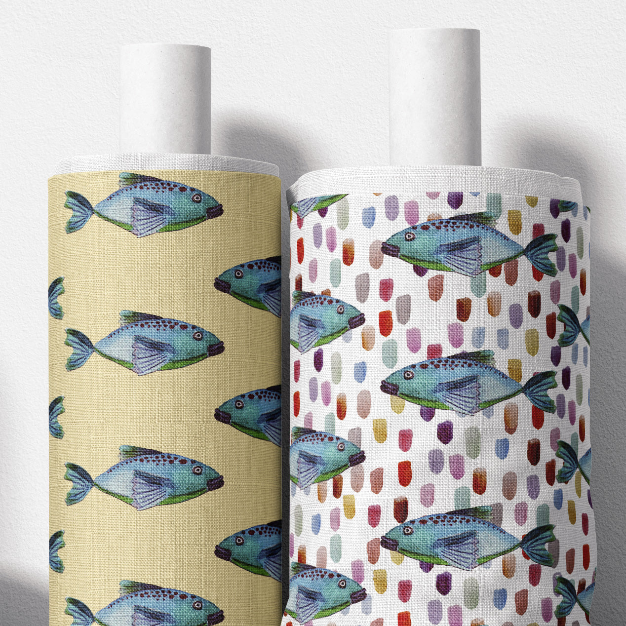 FUNDA DE DUVET CON FUNDA DECORATIVA PARA ALMOHADA peces fondo amarillo/peces moteado