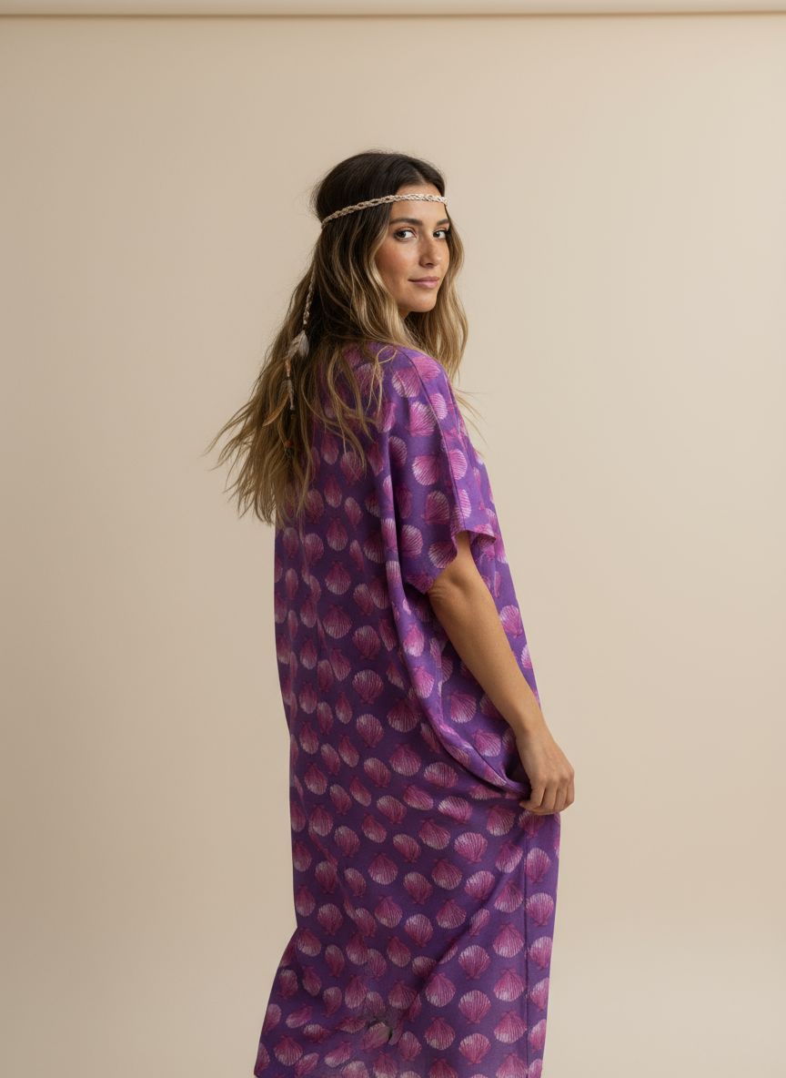 VESTIDO OVERSIZE conchas fondo morado