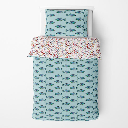 FUNDA DE DUVET CON FUNDA DECORATIVA PARA ALMOHADA peces fondo azul/motas