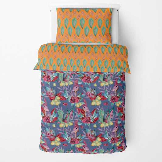 FUNDA DE DUVET CON FUNDA DECORATIVA PARA ALMOHADA aves tropicales fondo azul/hojas en amarillo