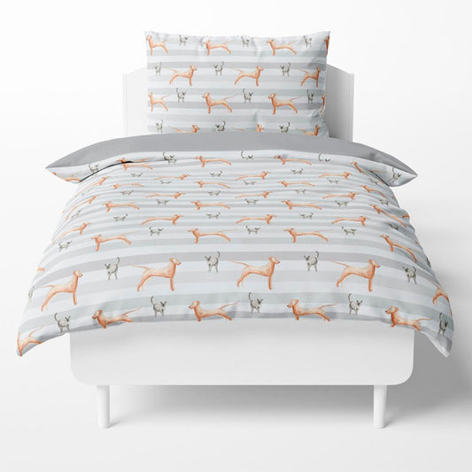 FUNDA DE DUVET CON FUNDA DECORATIVA PARA ALMOHADA perros y gatos líneas en gris/liso gris