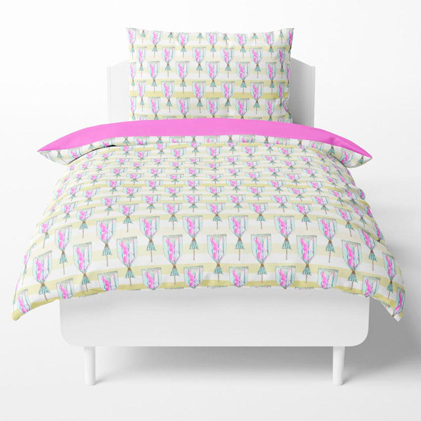 FUNDA DE DUVET CON FUNDA DECORATIVA PARA ALMOHADA paletas de conejo en rayas amarillas/liso rosa